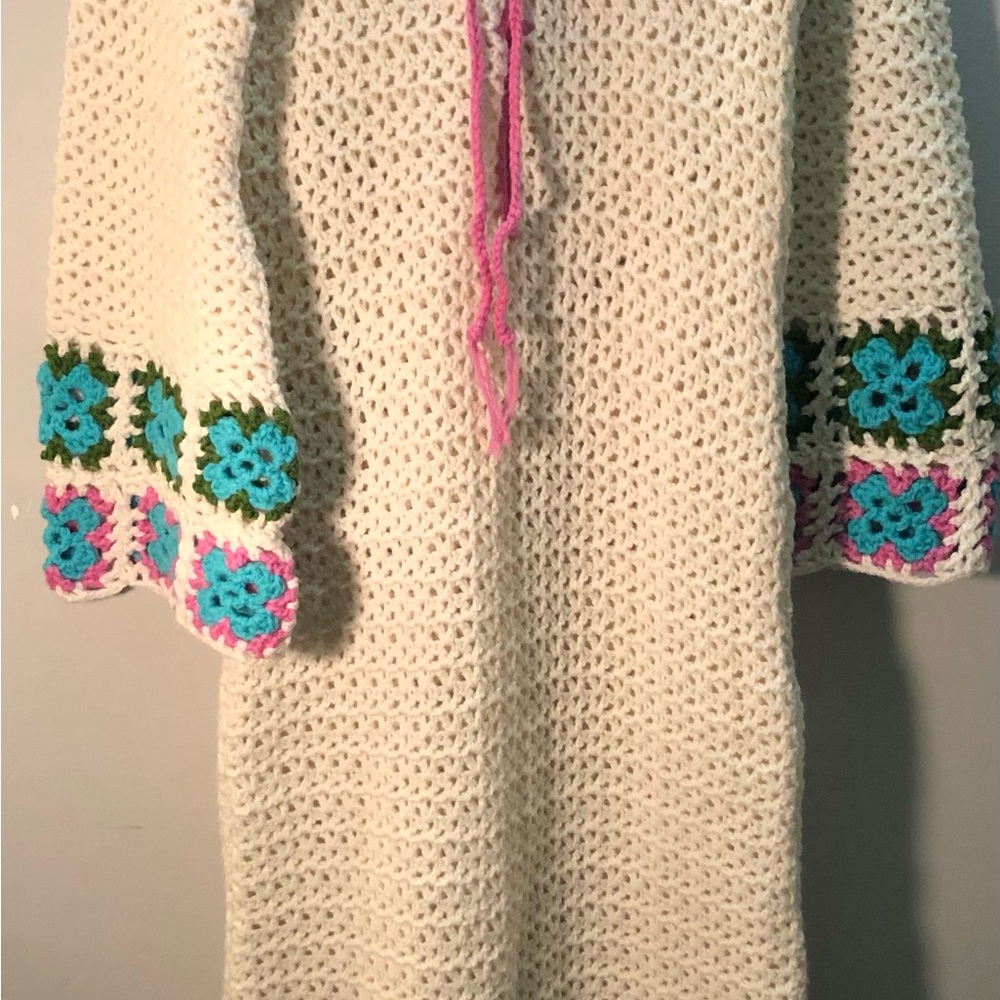 Vintage Handmade Crochet Maxi Sweater Dress with Floral Accents